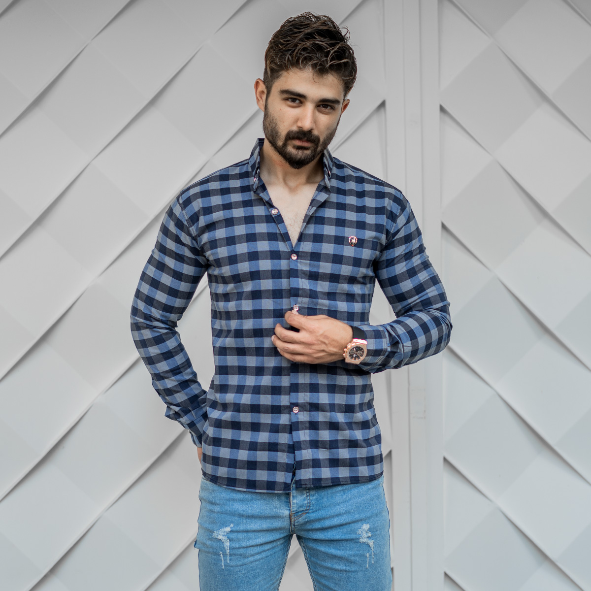 پیراهن چهار خونه آبی مردانه مدل Morik