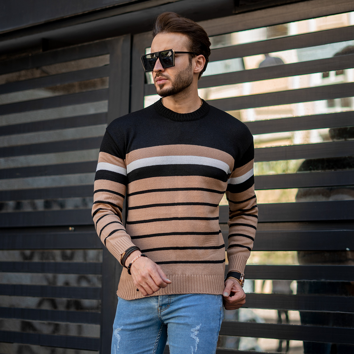 پلیور دورنگ مشکی کرم مدل Zaka