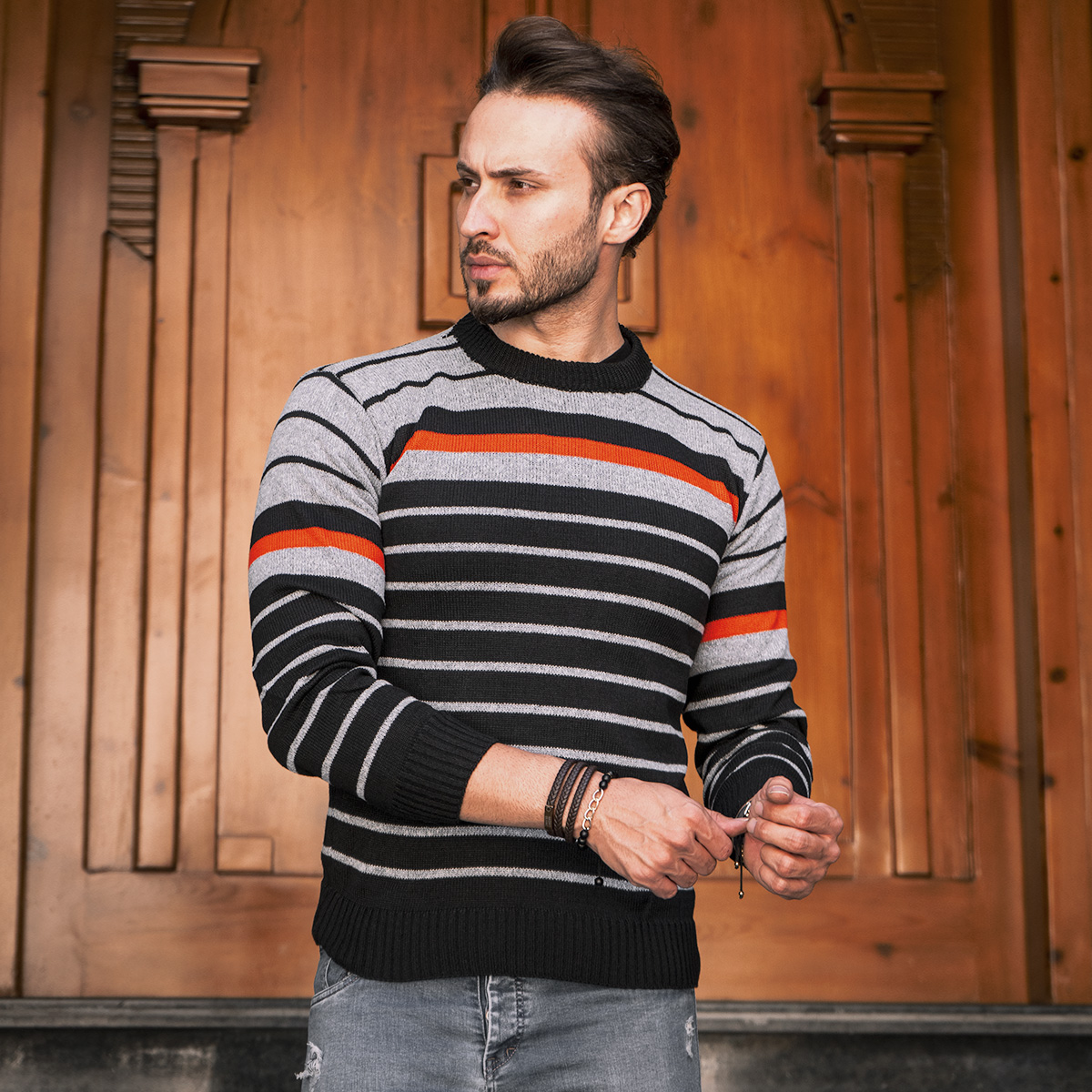 پلیور بافت راه راه طوسی مشکی مدل Hami