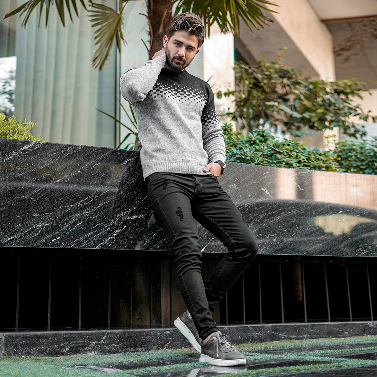 پلیور مردانه دو رنگ مشکی طوسی مدلShatel