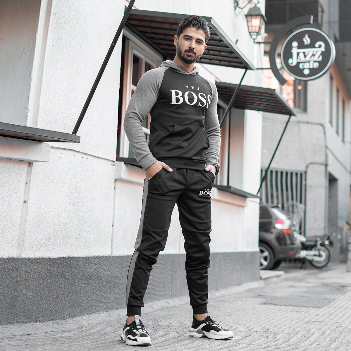 ست هودی شلوار BOSS مردانه طوسی مشکی مدل Varm