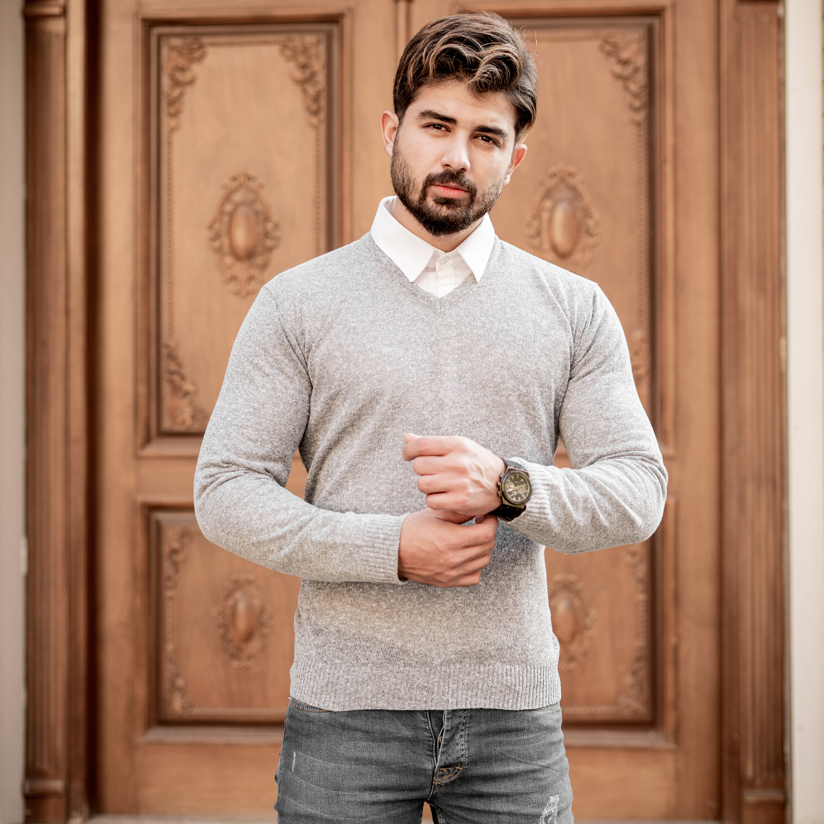 پلیوربافت یقه هفت طوسی مردانه مدلETM