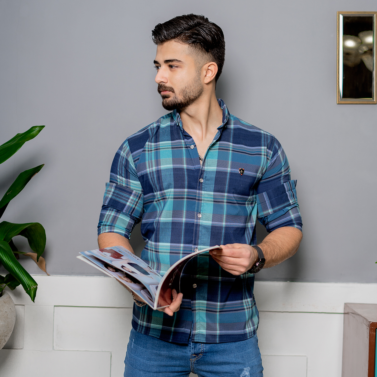 پیراهن مردانه آبی سرمه ای مدل himo