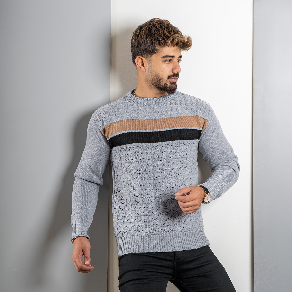 پلیور مردانه طوسی روشن (T) یقه گردمدل Ariya