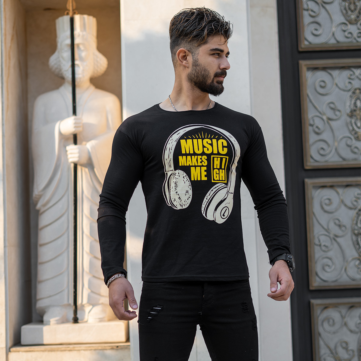 تیشرت آستین بلند مردانه طرح هدست مشکی مدل O22