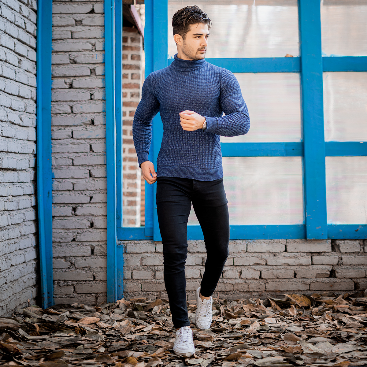 پلیور یقه اسکی مردانه آبی نفتی مدل Oktav