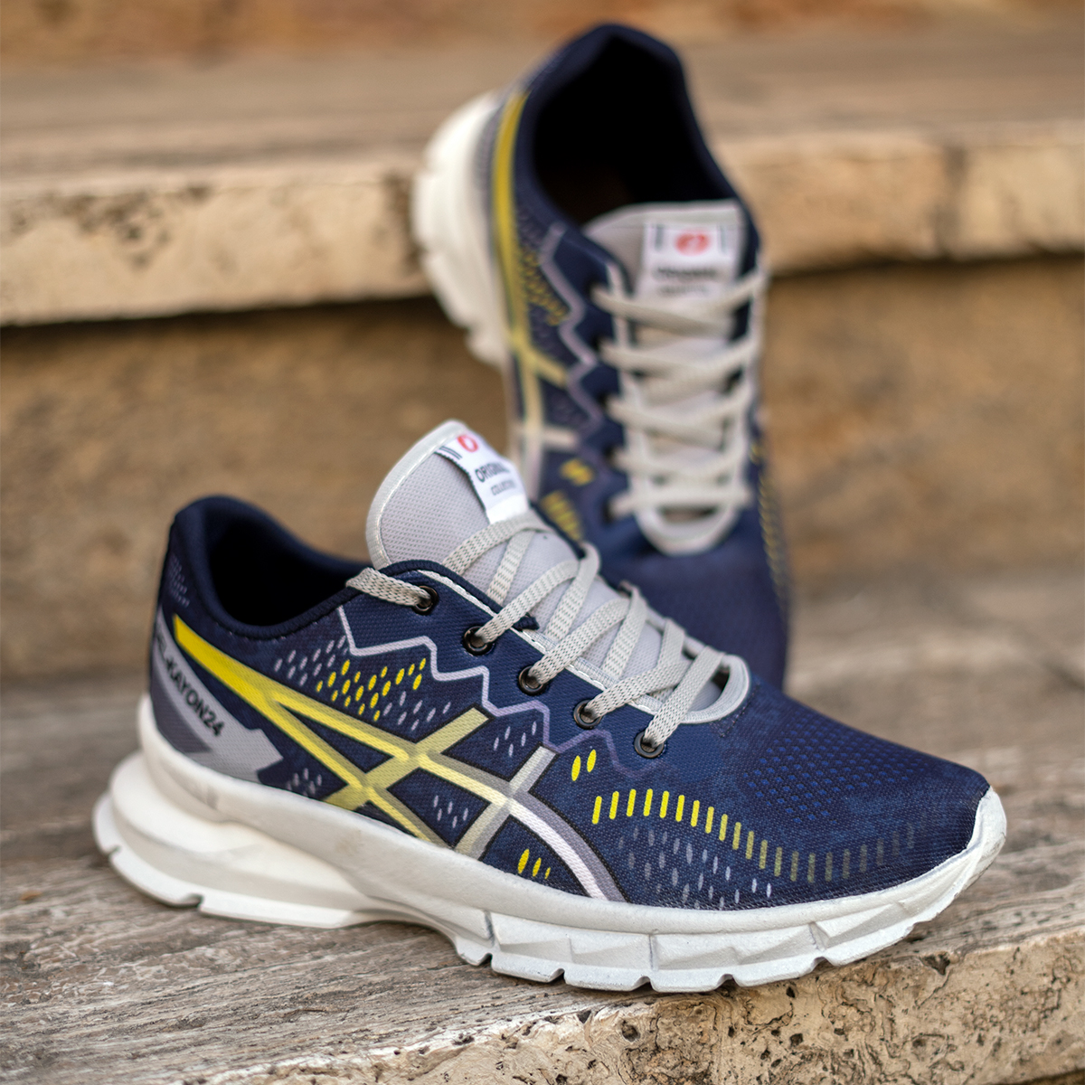 کفش مردانه اسیکس سرمه ای زرد مدل dahak