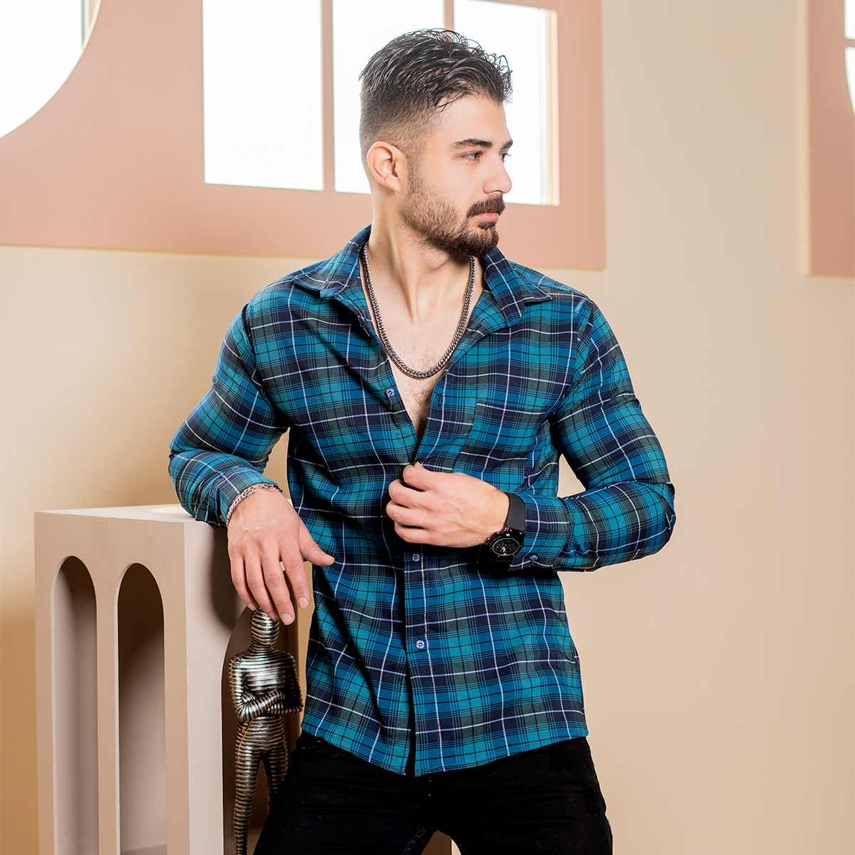 پیراهن چهارخانه سبزسرمه ای مردانه مدلDivan