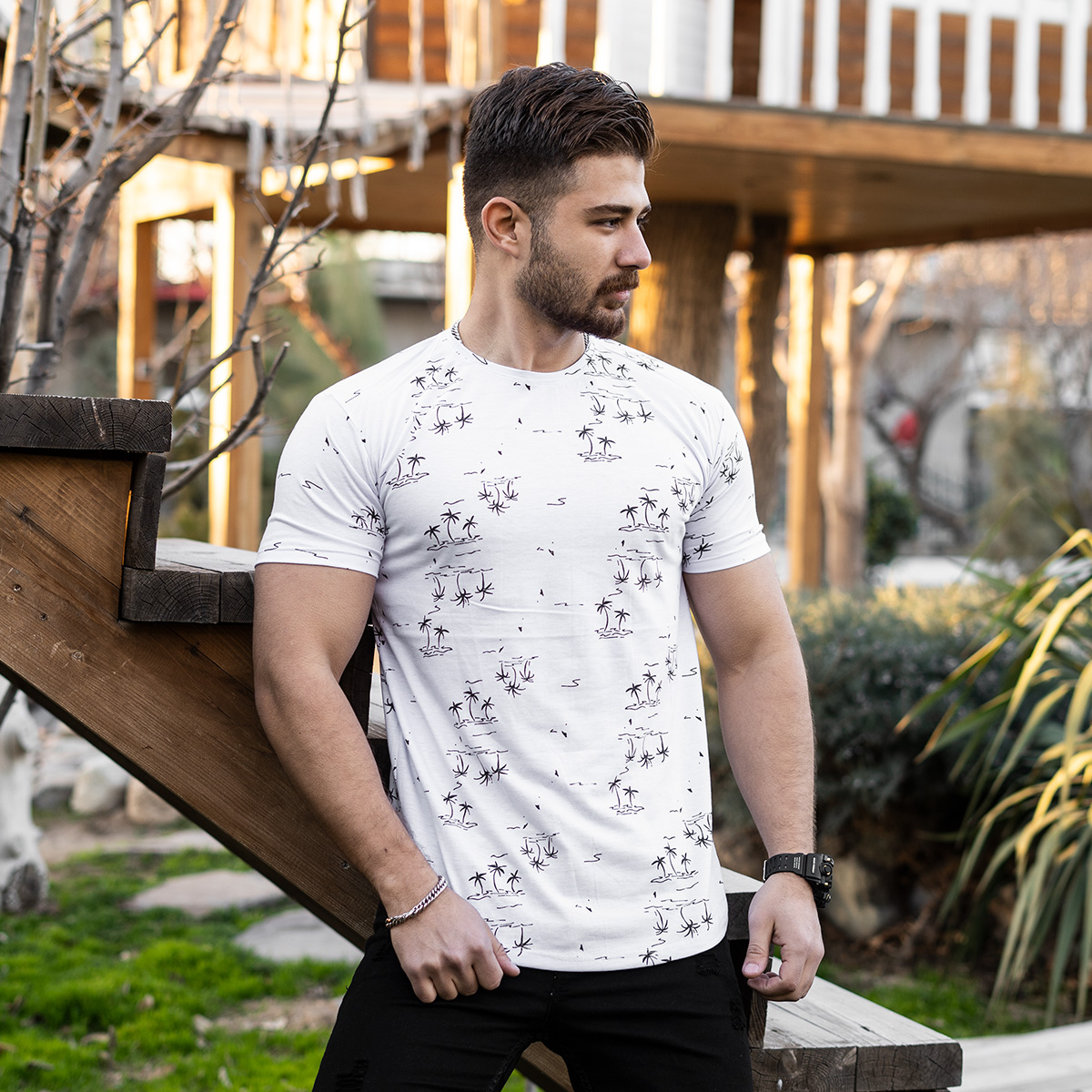 تیشرت هاوایی سفید مردانه مدل E99