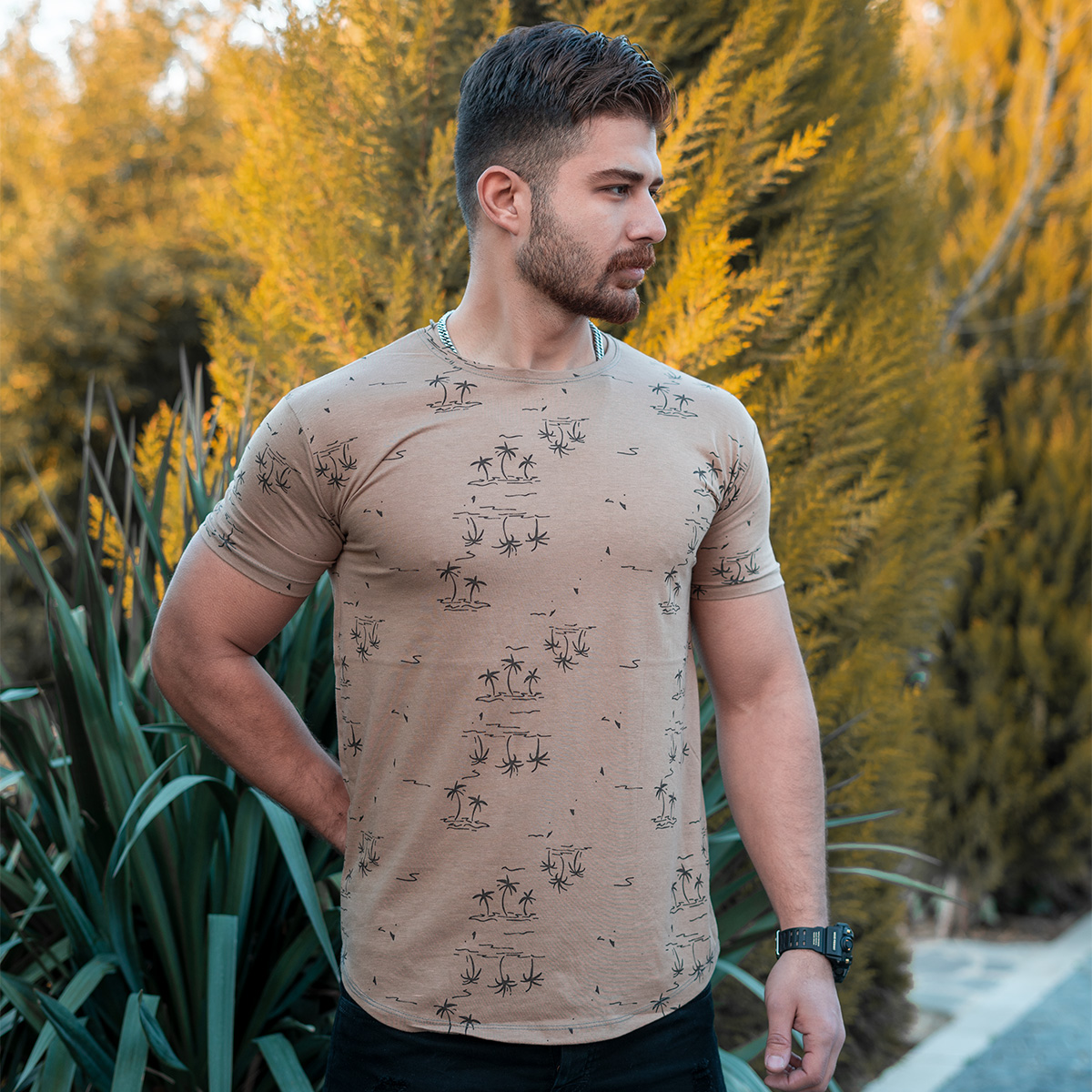 تیشرت هاوایی کرم مردانه مدل E99