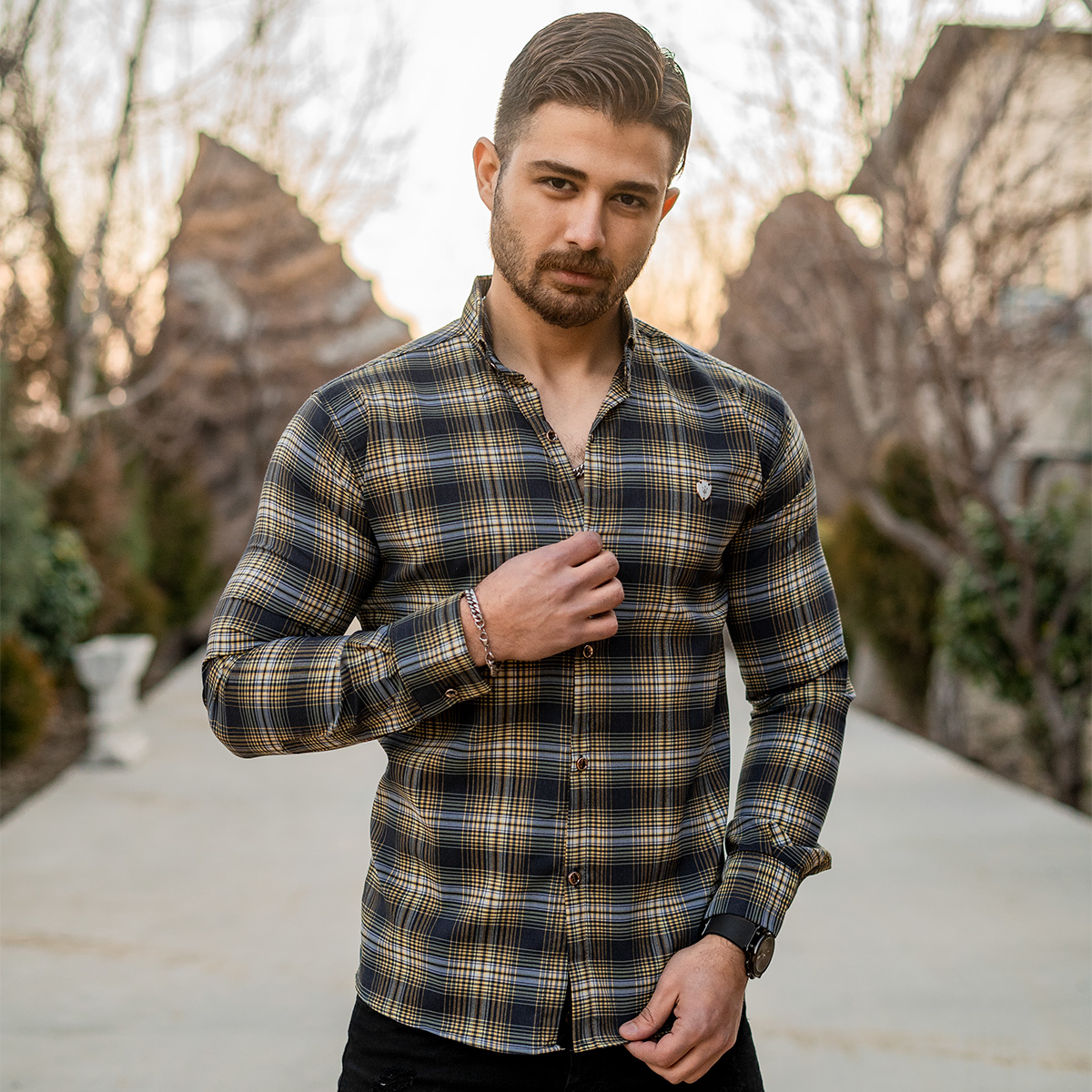 پیراهن چهارخونه آبی زرد مردانه مدل Z22