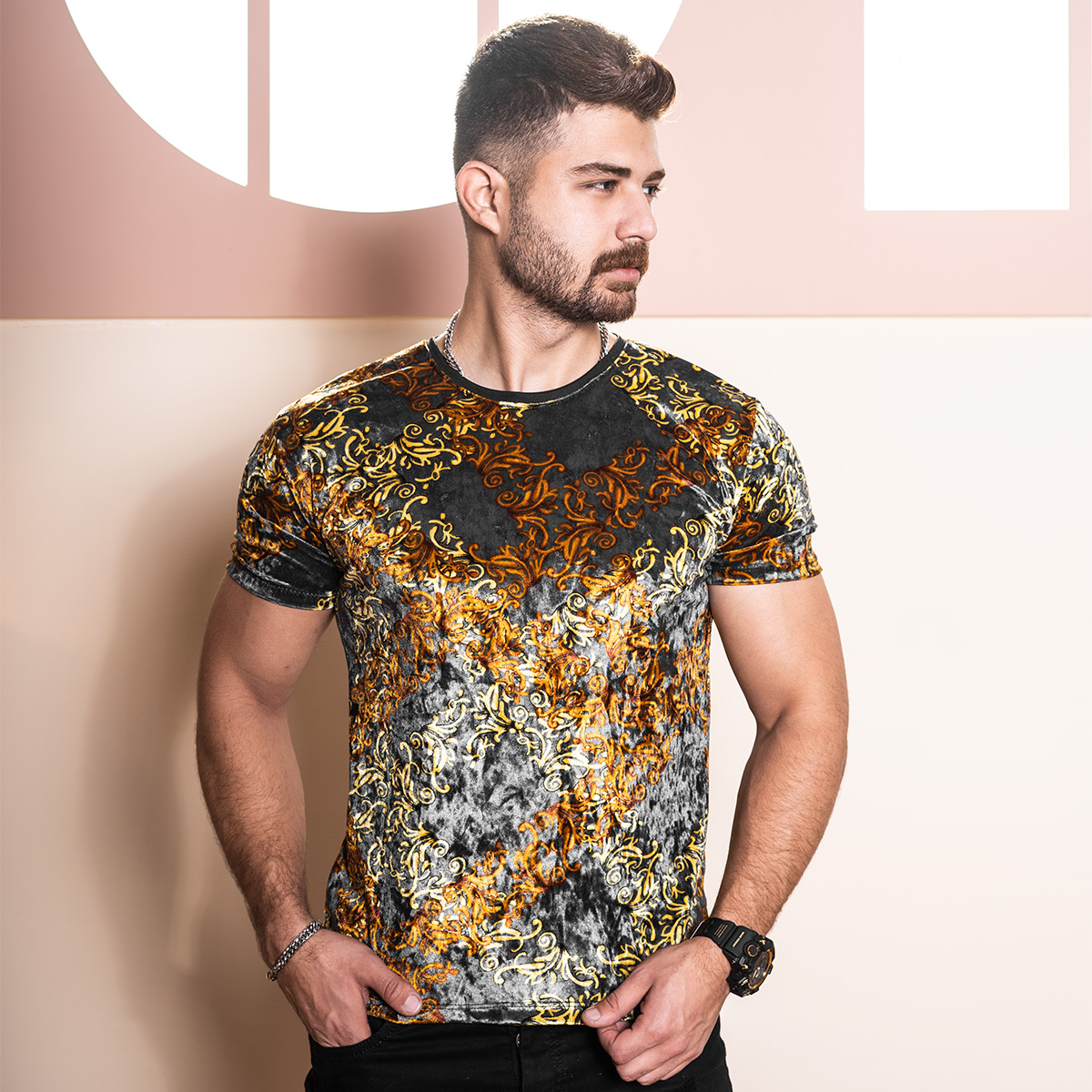 تیشرت مخمل مردانه طوسی مدل malek