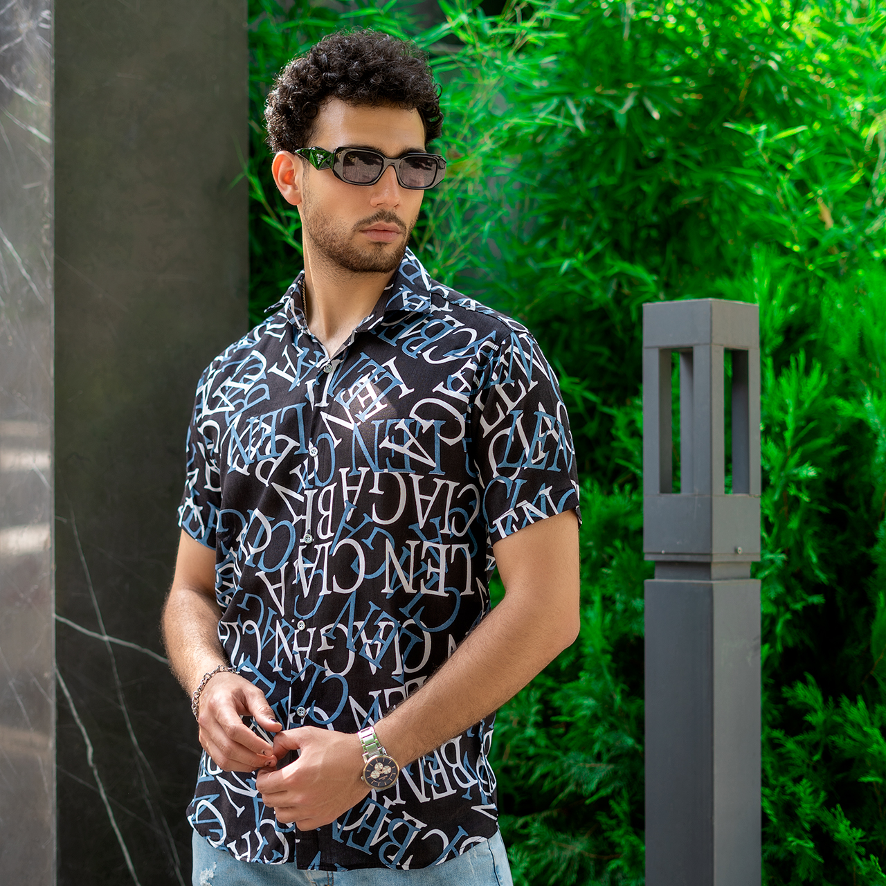 پیراهن هاوایی مردانه مشکی آبی مدل ABC