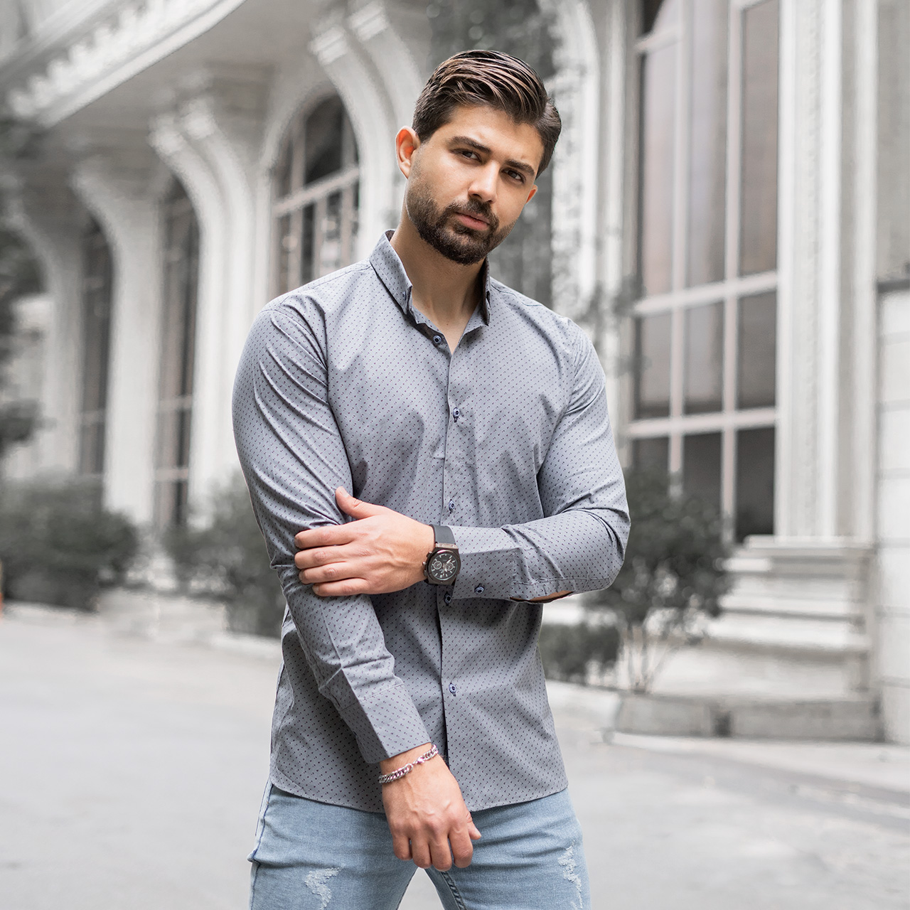 پیراهن طوسی خال خالی (T)مردانه مدلR300