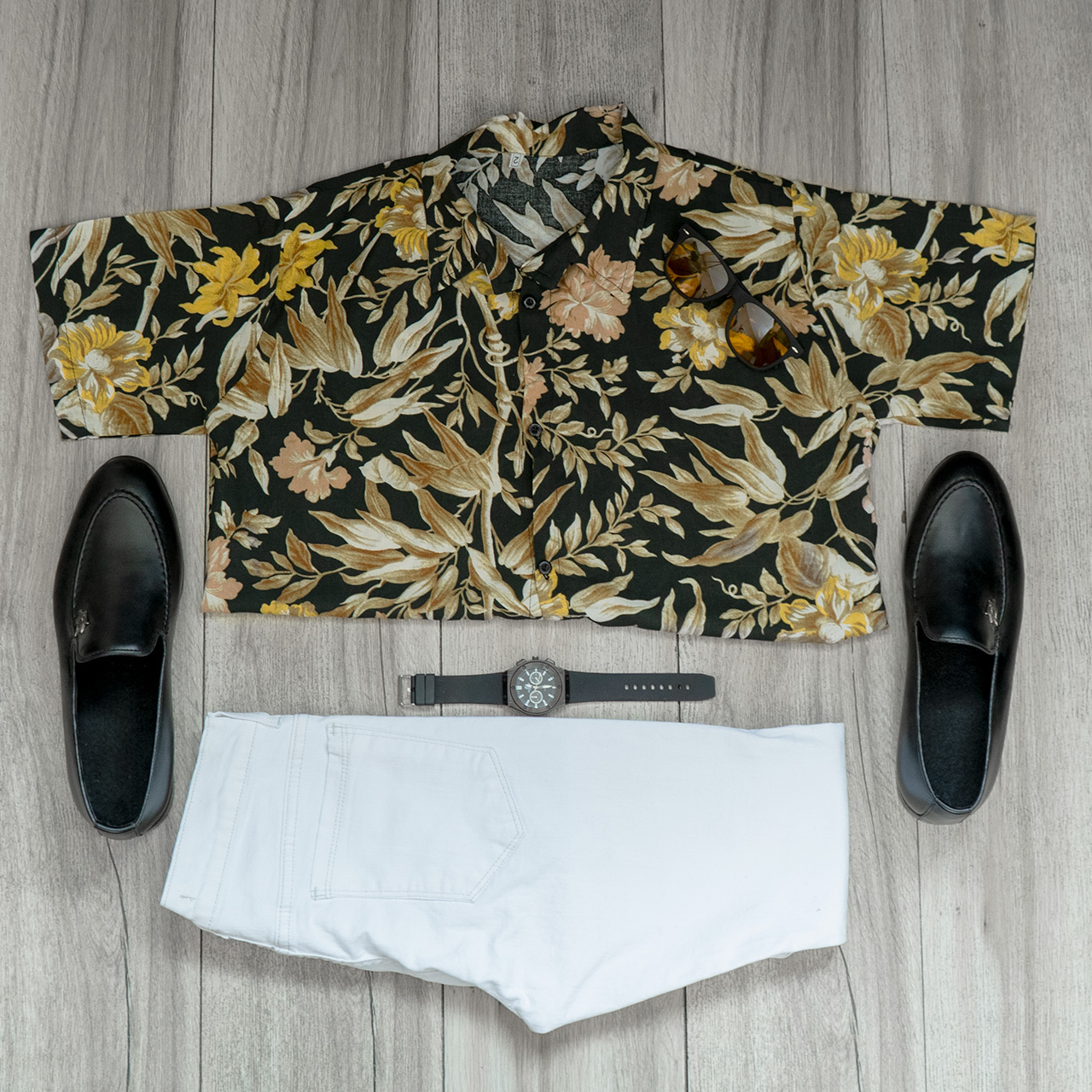 پیراهن هاوایی مردانه گل زرد مدل p7