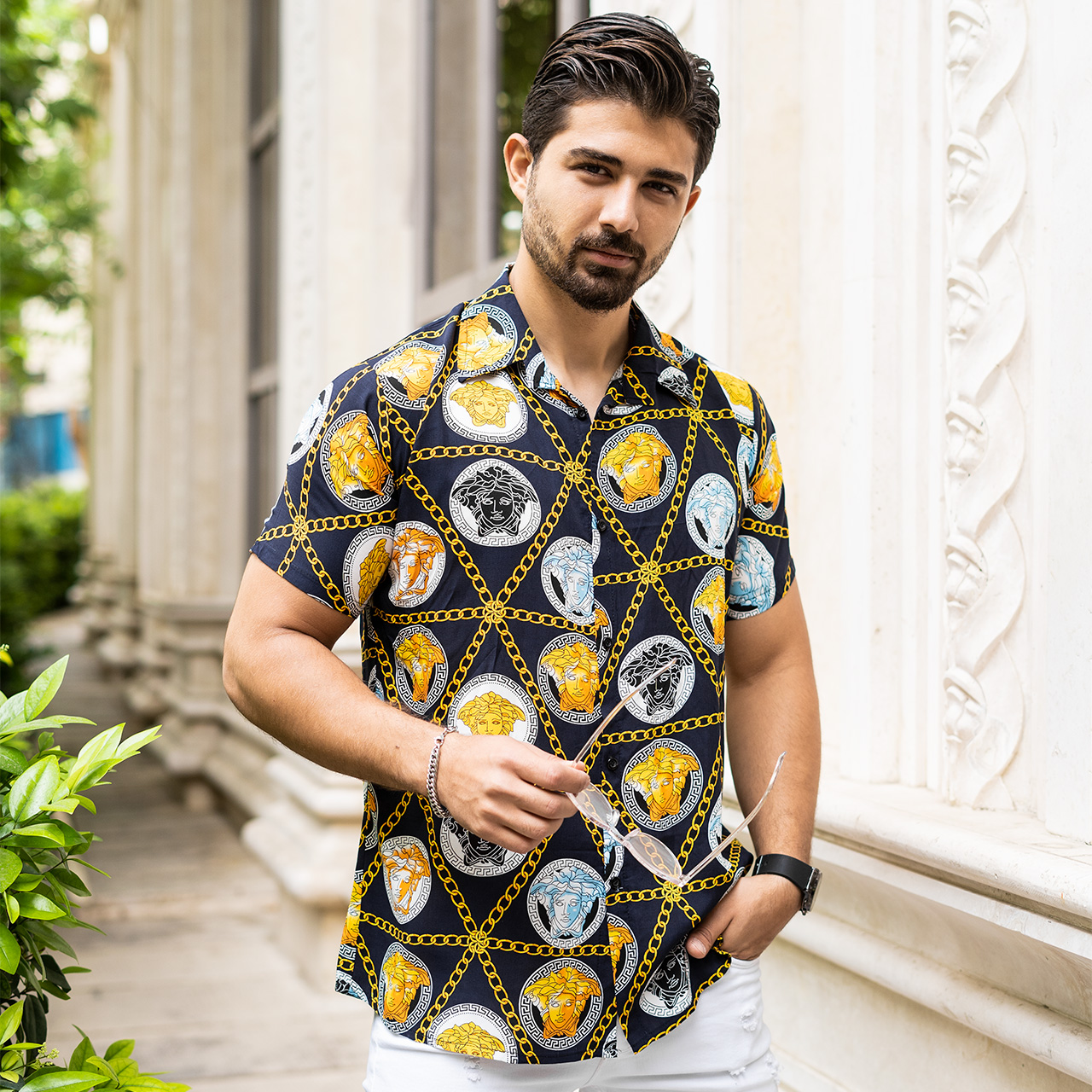 پیراهن هاوایی مردانه ورساچه سرمه ای مدل p8