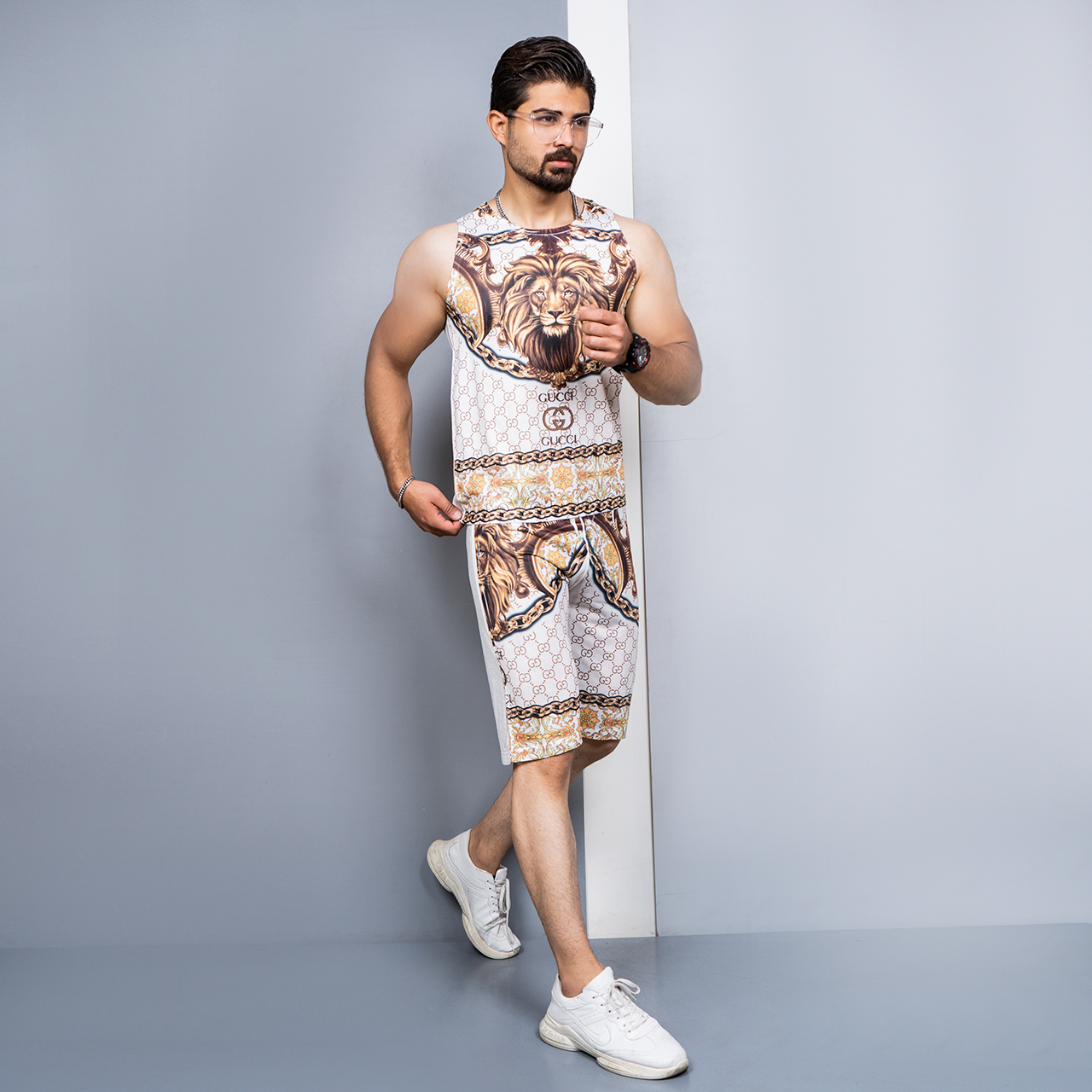 ست رکابی شلوارک گوچی طرح شیر مردانه مدل N122