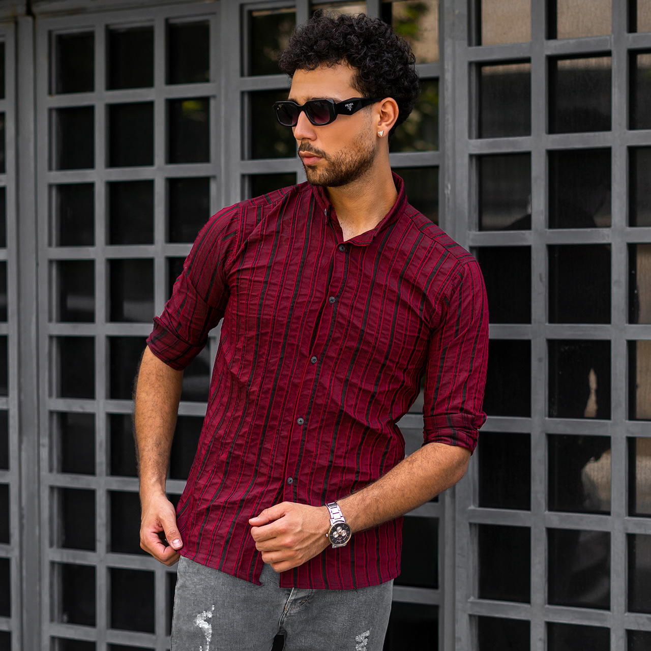 پیراهن راه راه قرمز مردانه مدل Mavin