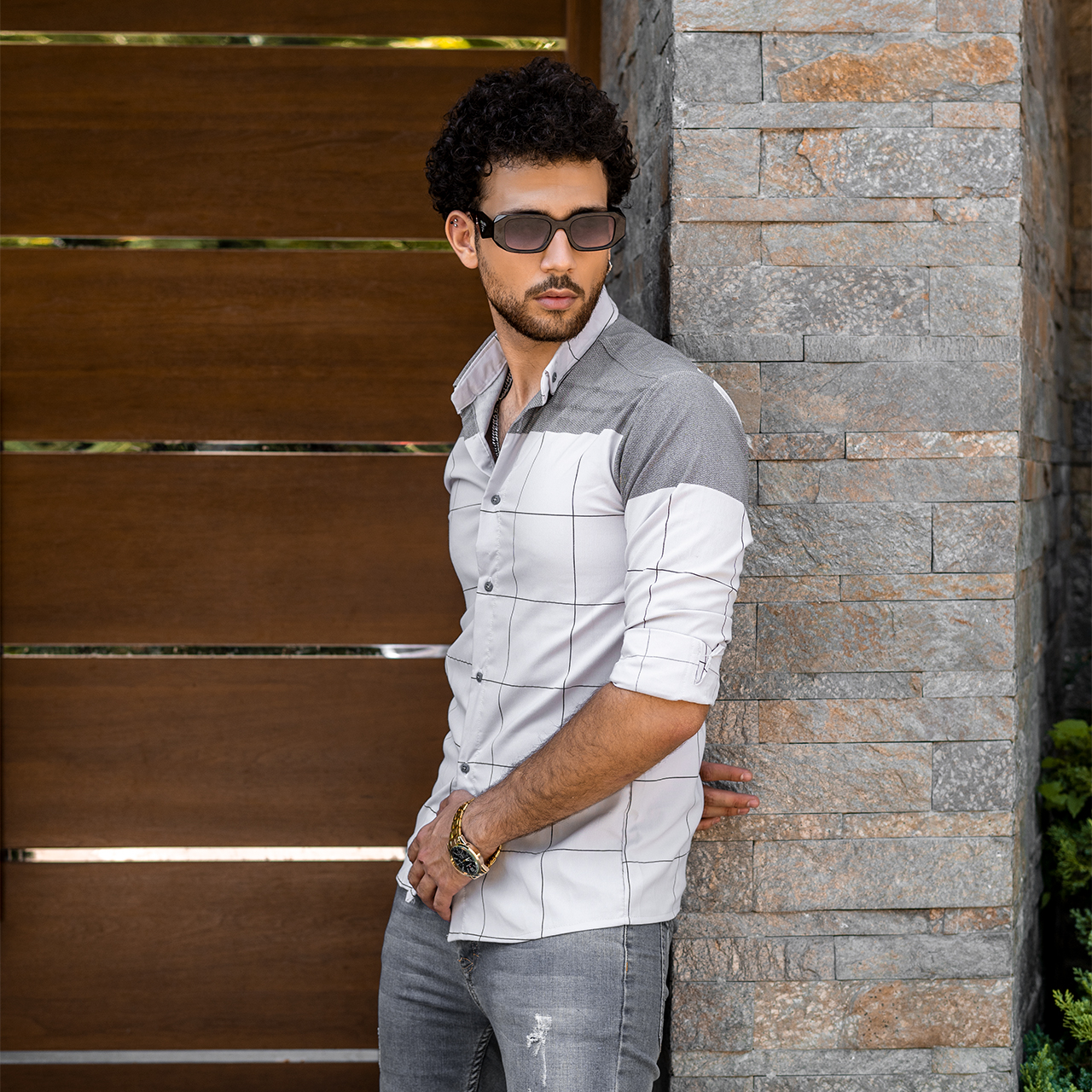 پیراهن مردانه طوسی دو رنگ مدل B15