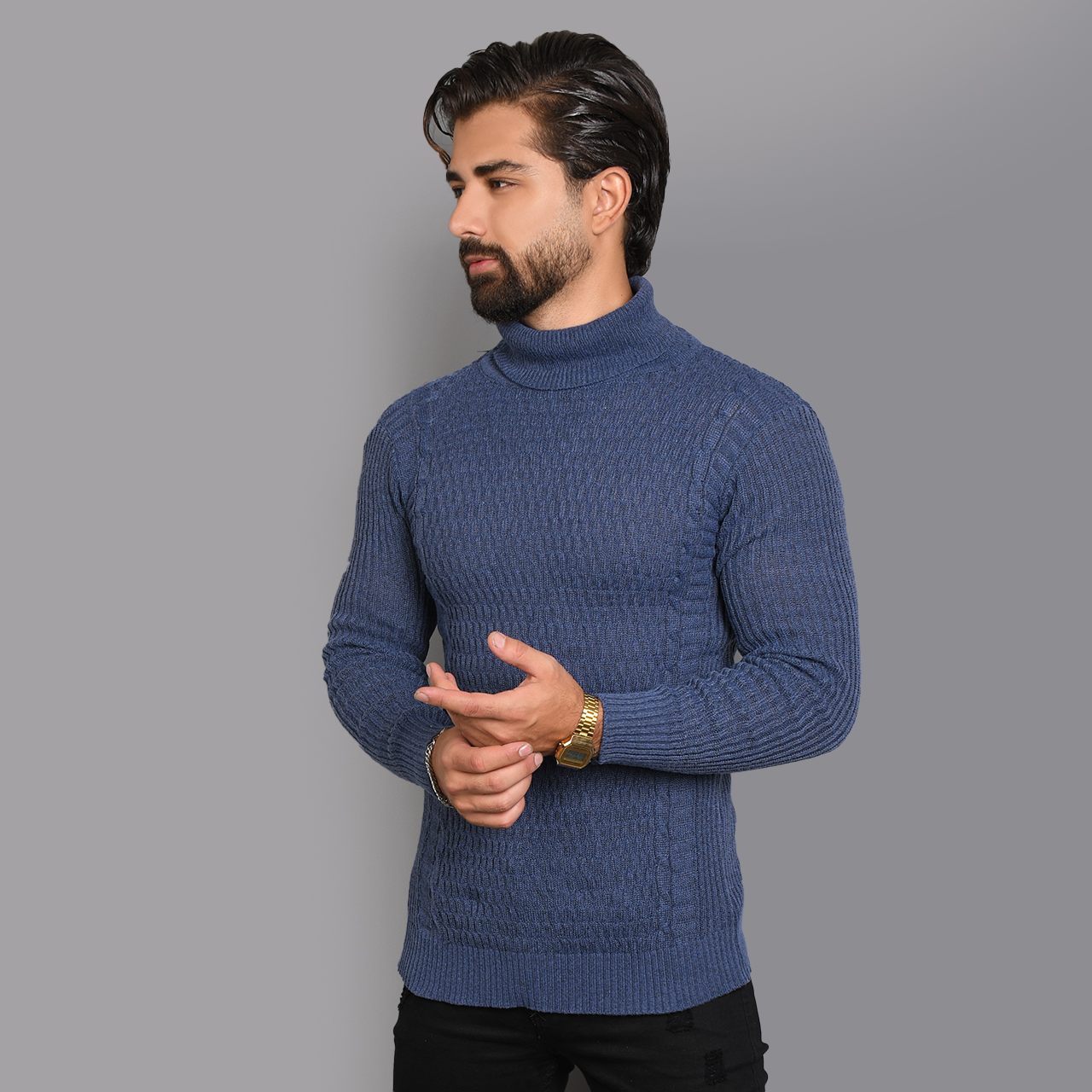 پلیور یقه اسکی آبی طرح راه راه مردانه مدلT10