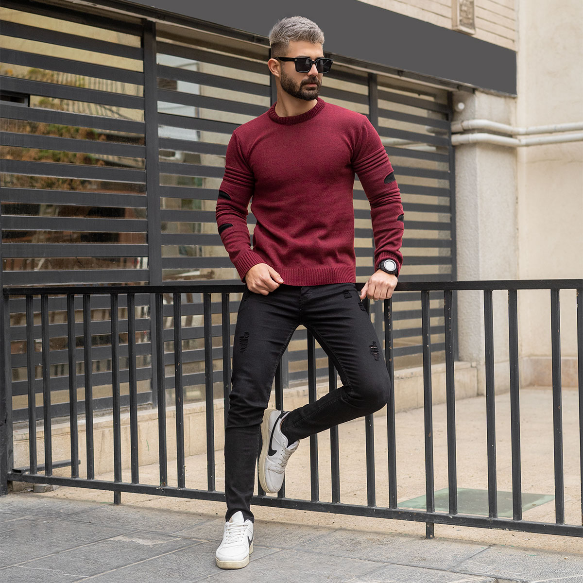 پلیور زاپ دار مردانه زرشکی مشکی مدل solan