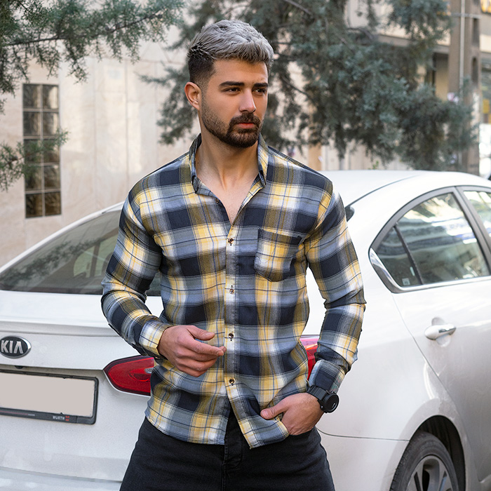 پیراهن مردانه چهارخونه زرد سرمه ای مدل Robert