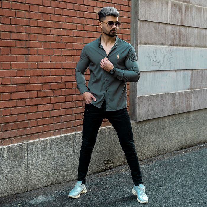 پیراهن مردانه سبز زیتونی مدل VQ