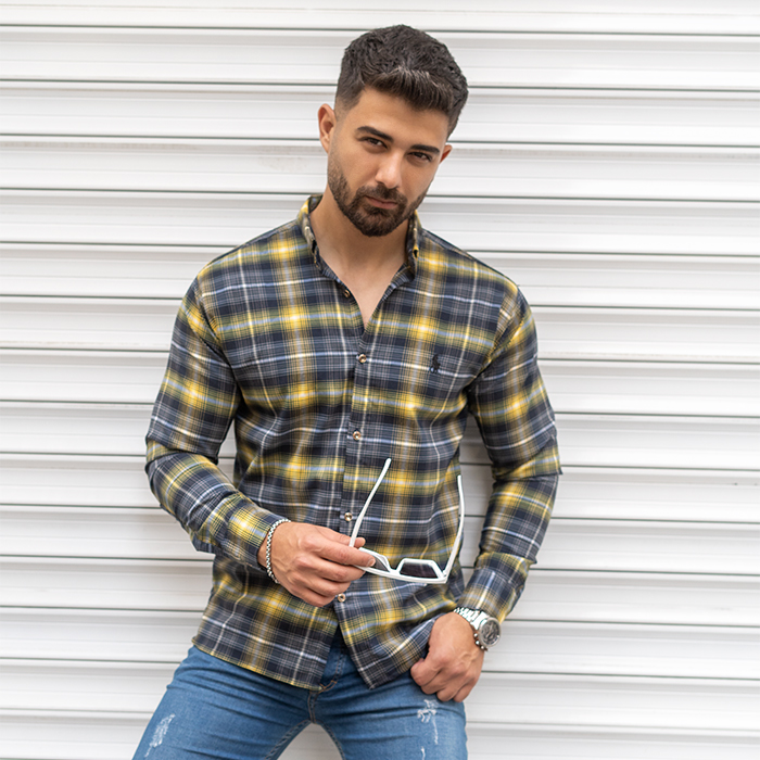 پیراهن مردانه زرد سرمه ای مدل Farzad