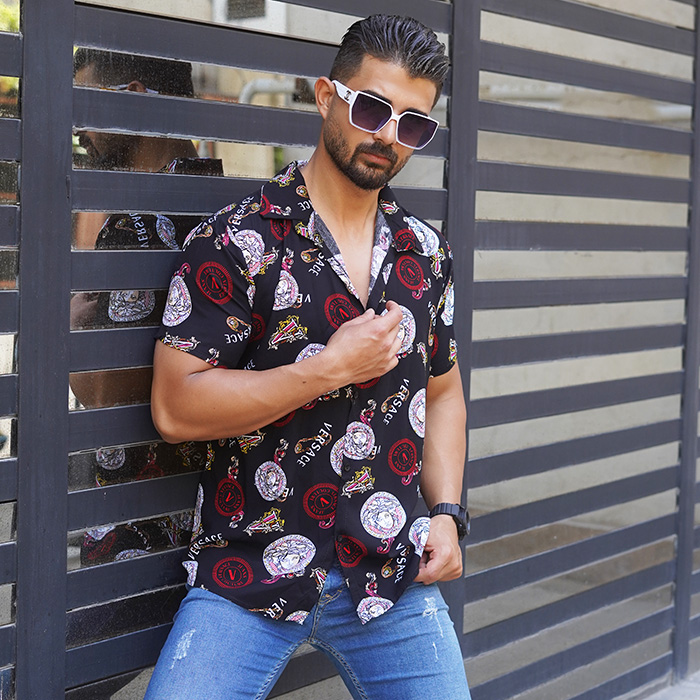 پیراهن هاوایی مردانه مشکی قرمز مدل Florence