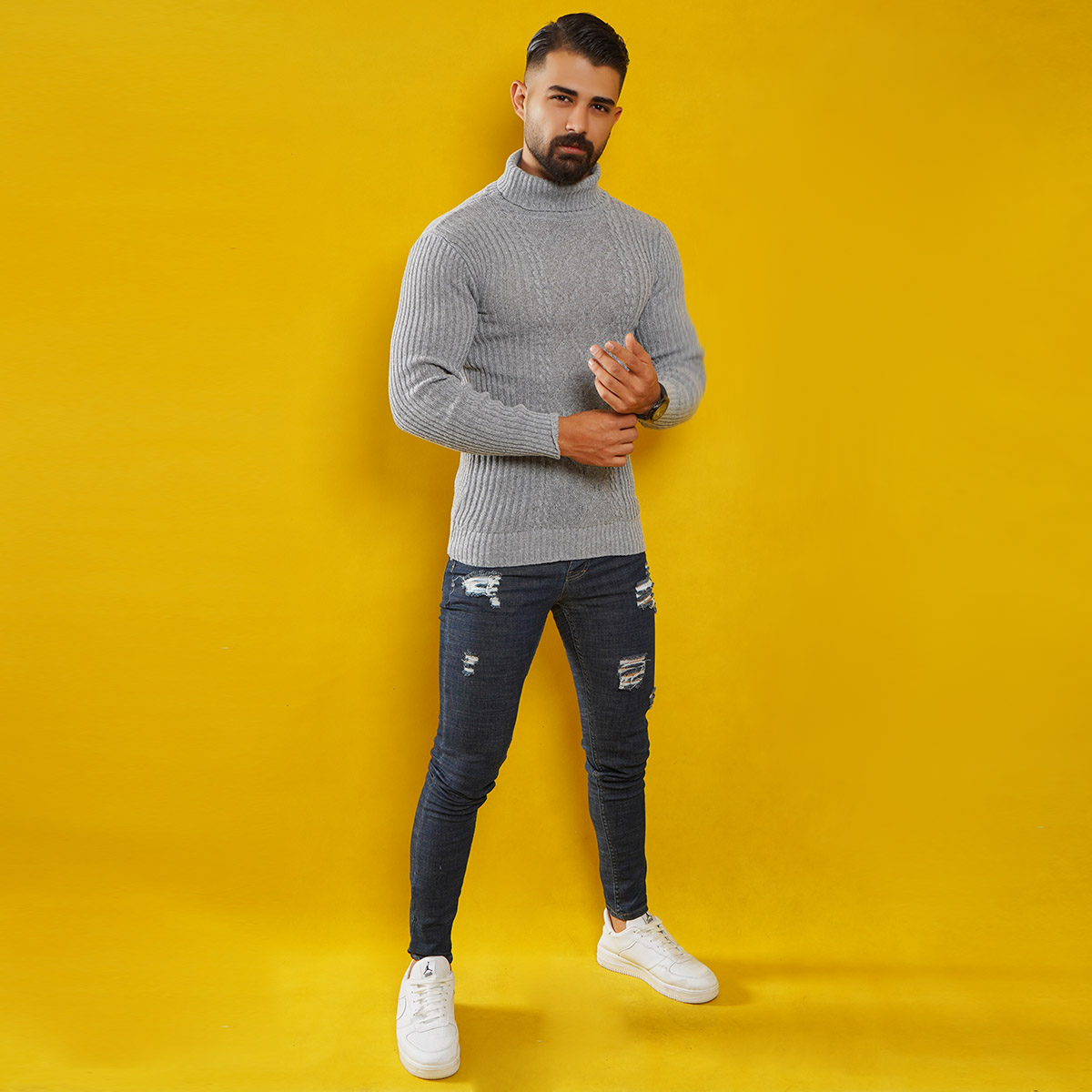 پلیوربافت مردانه طوسی یقه اسکی مدل Hakan