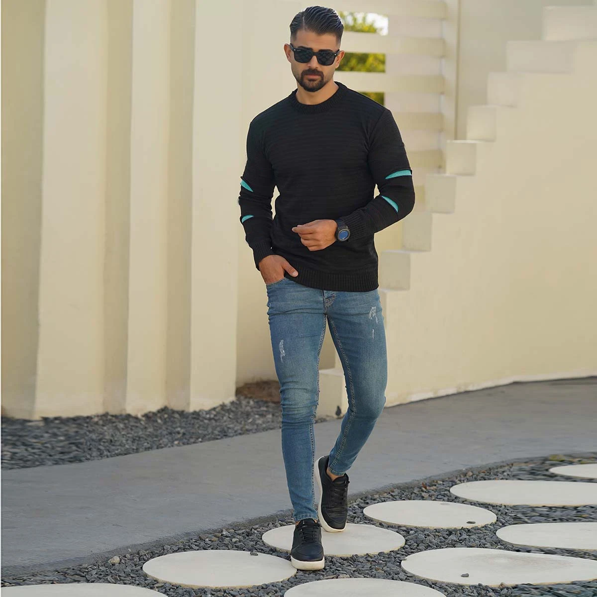 پلیور مردانه مشکی زاپ فیروزه ای مدل solan