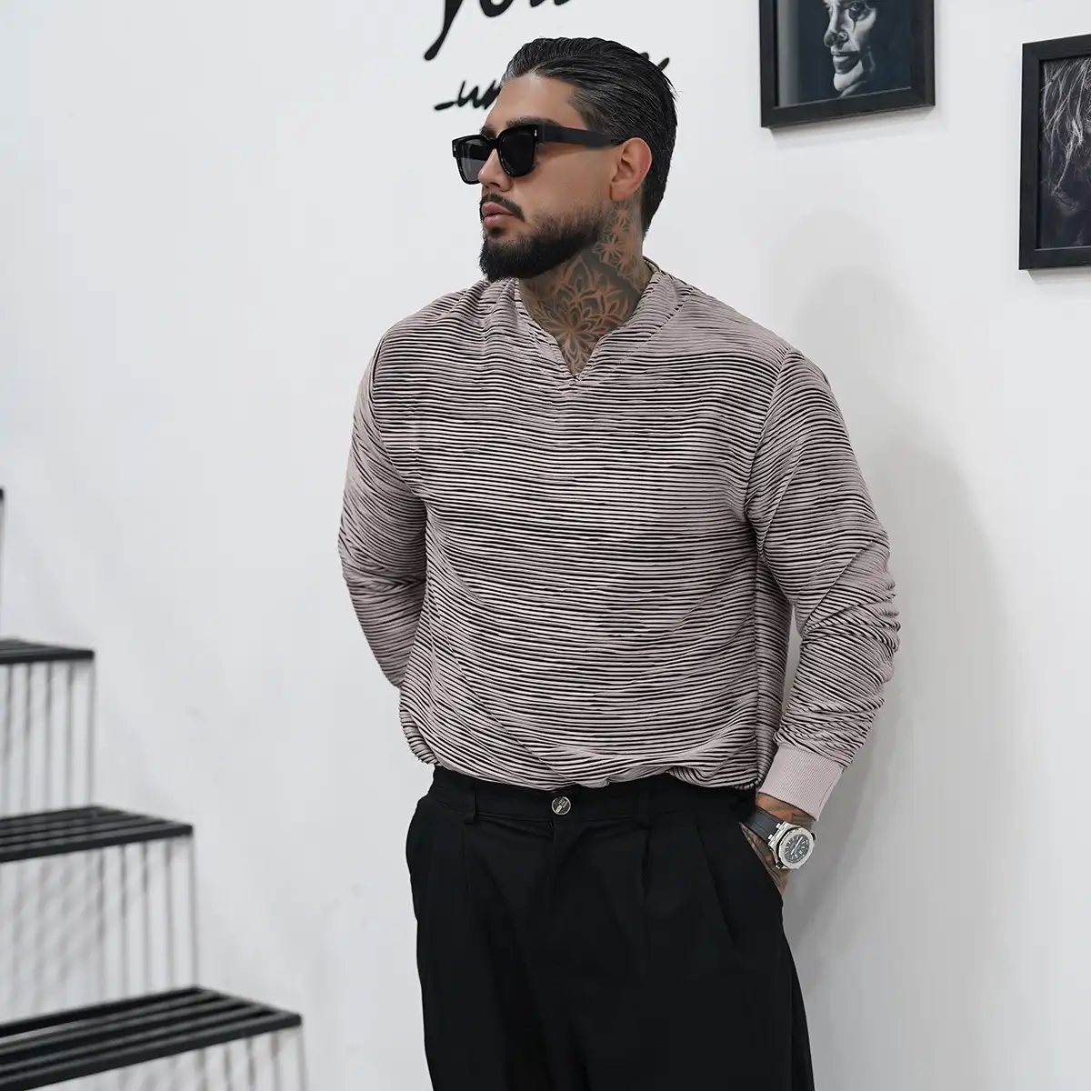 تیشرت آستین بلند یقه کوبایی طوسی تیره مدل Nivad