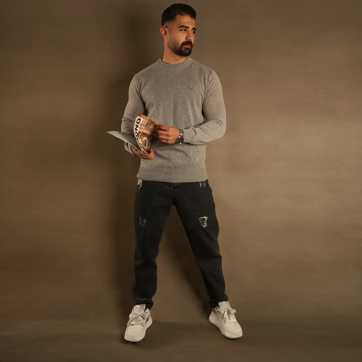 پلیور یقه گرد پوما خاکی مدل Danyal