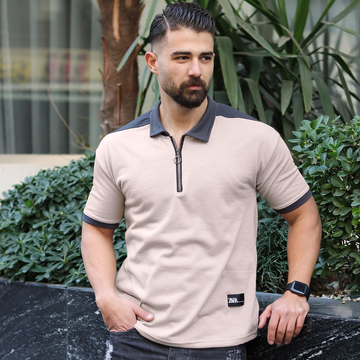 تیشرت مردانه یقه زیپ دار کرم مدل Radon