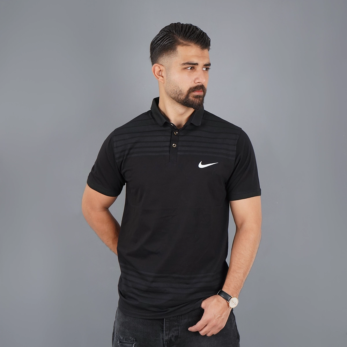 تیشرت یقه دار راه راه مشکی مدل Farhan