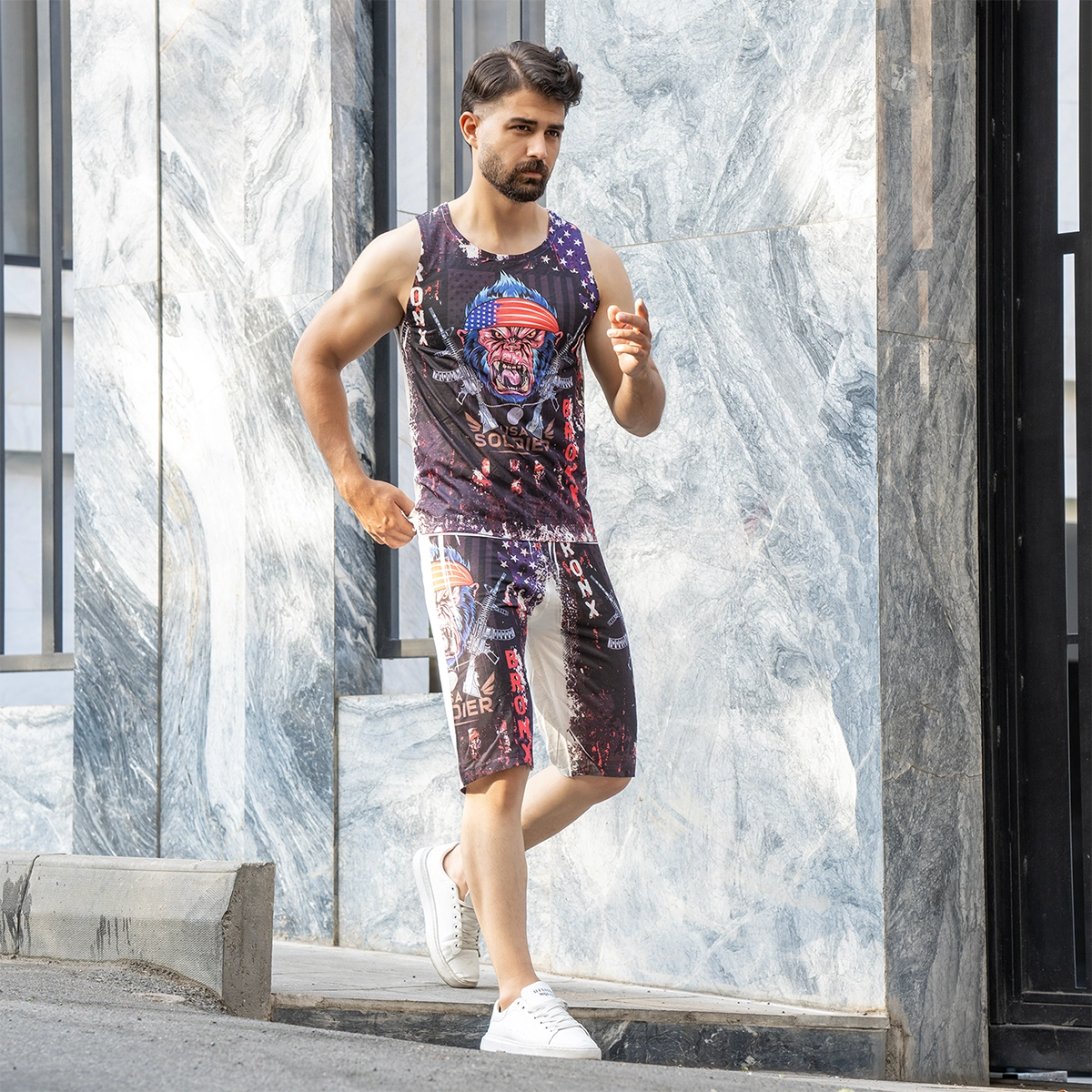 ست رکابی شلوارک مردانه طرح تفنگ مدل USA Soldier