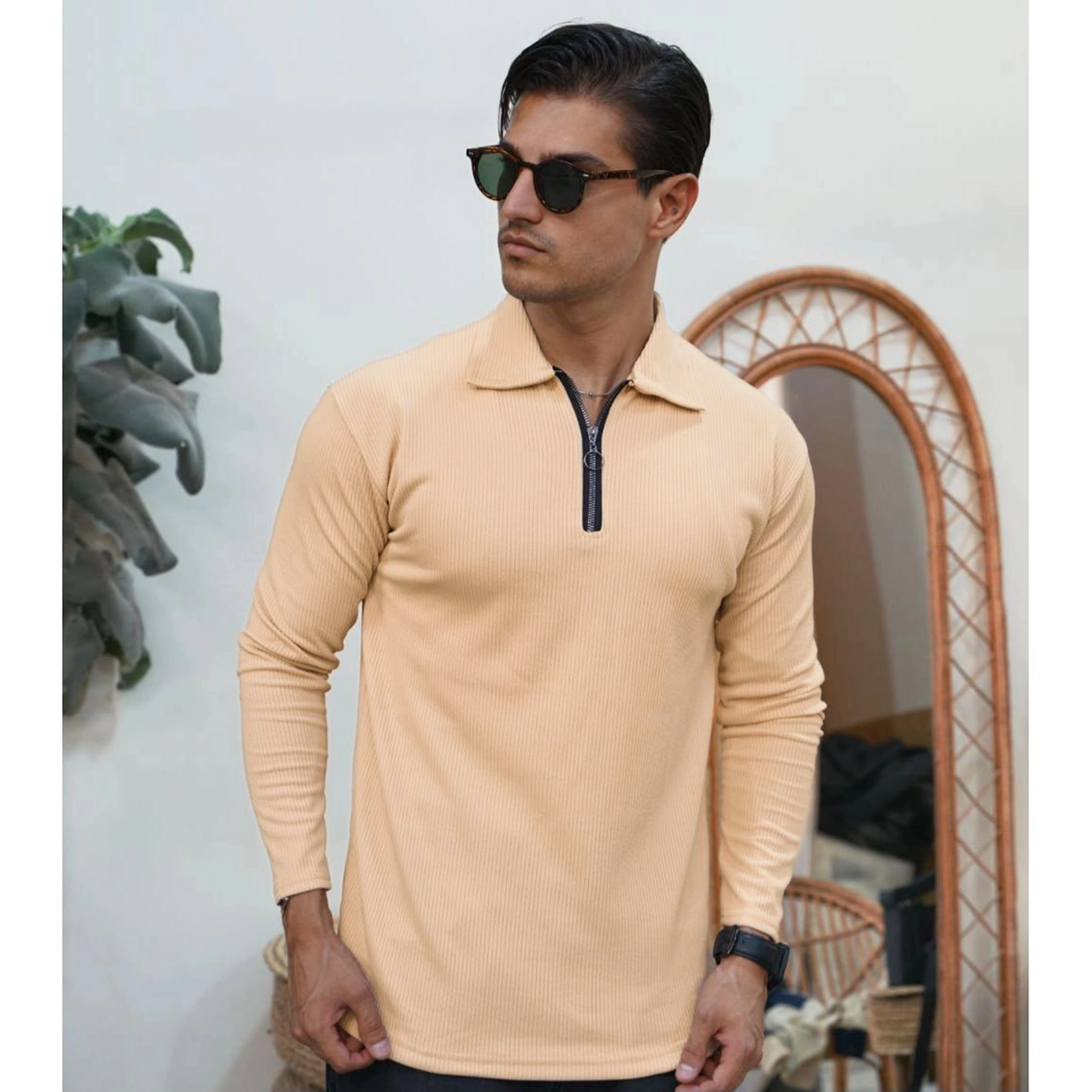 بلوز مردانه نیم زیپ آستین بلند کرم مدل FARBOD