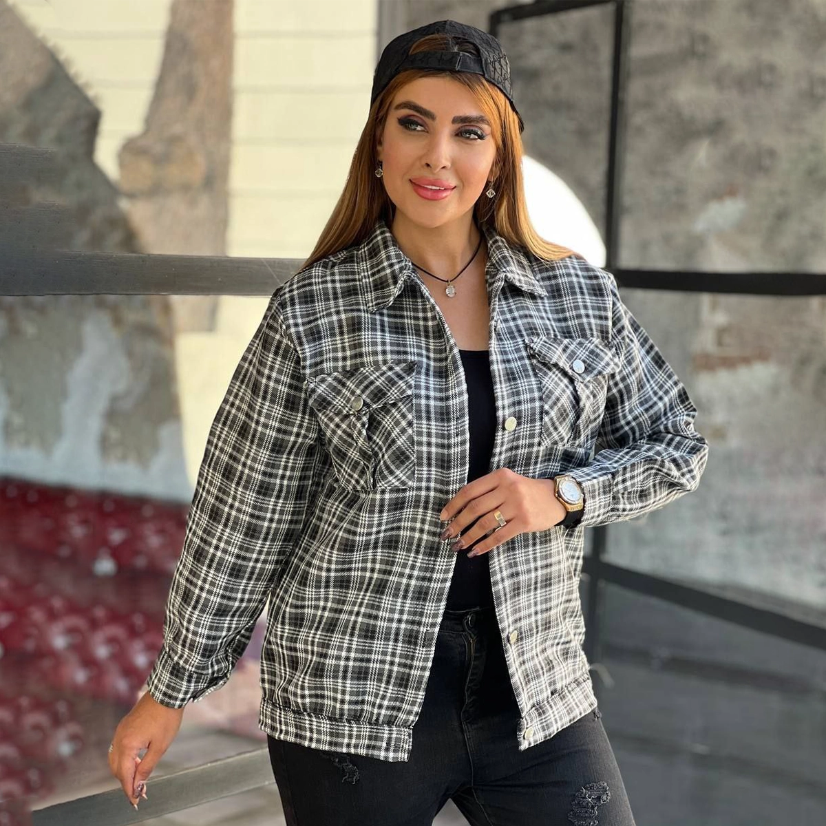 شکت پاییزه چهارخونه مشکی زنانه مدل Hoda