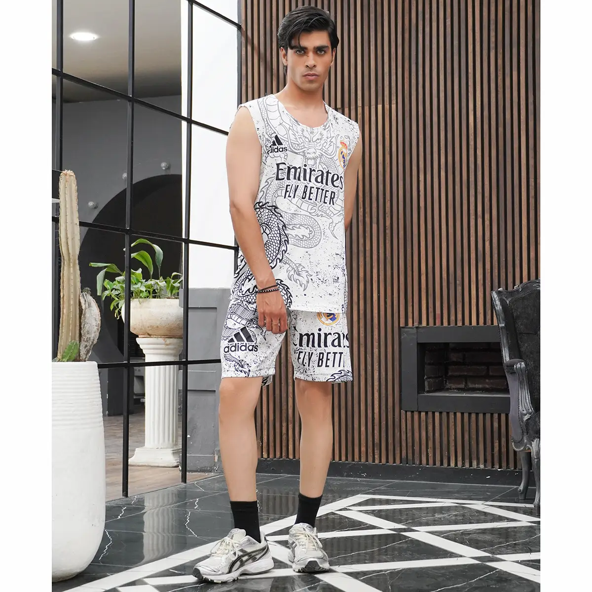 ست رکابی شلوارک مردانه سفید طرح اژدها