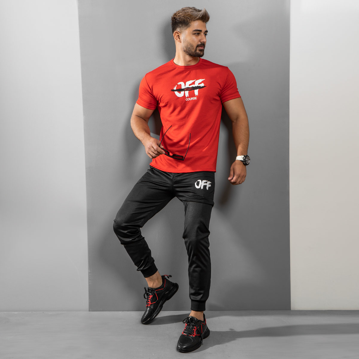 ست تیشرت شلوار مردانه OFF Course قرمز مدل Padma