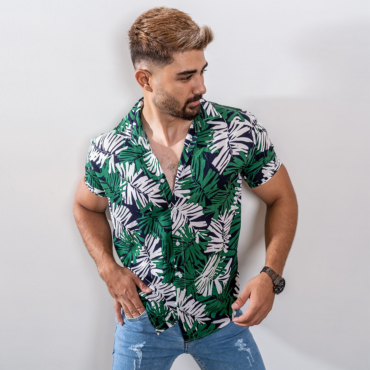 پیراهن هاوایی سبز مردانه(T) مدل Hogo