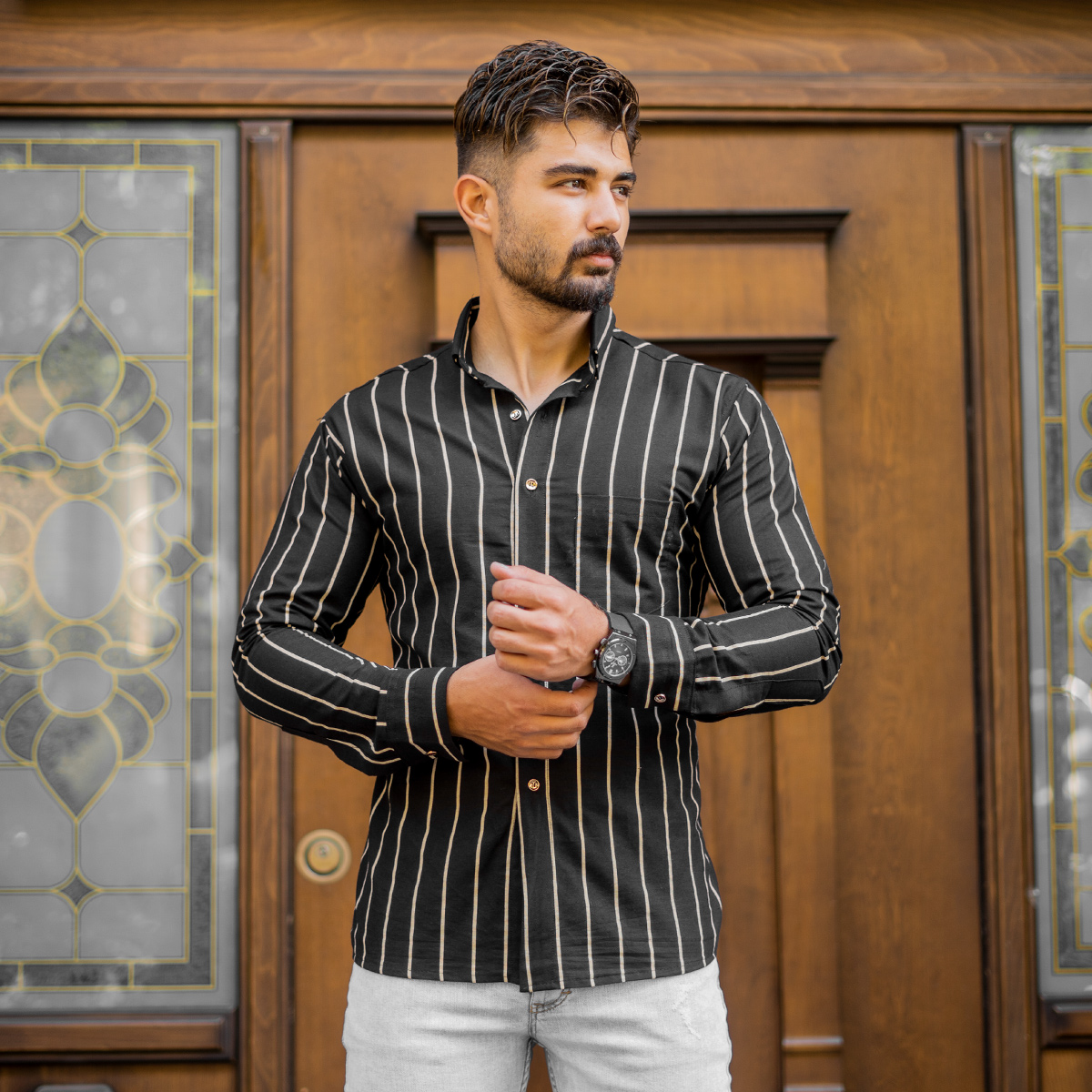 پیراهن مردانه راه راه کرم (T) مدل Rabino